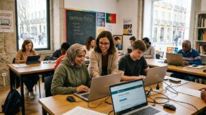 Diverse adult students learning digital skills with laptops in a community workshop in Portugal